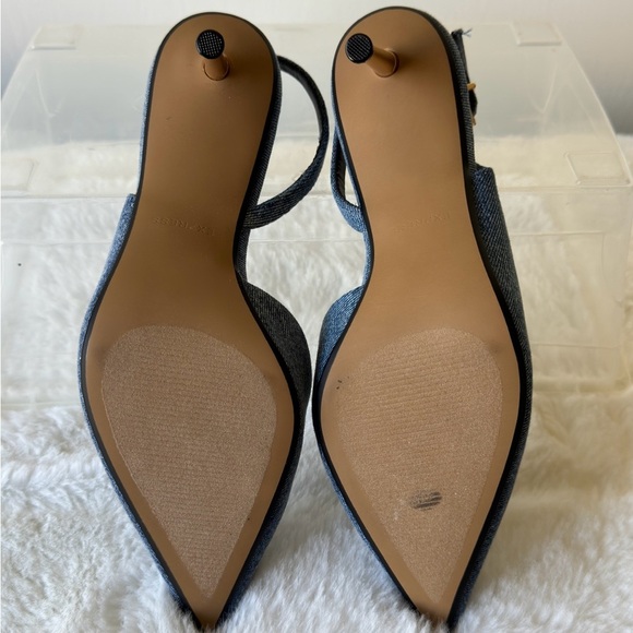 EXPRESS Denim Gold Heel Slingback Pumps. - Picture 5 of 9